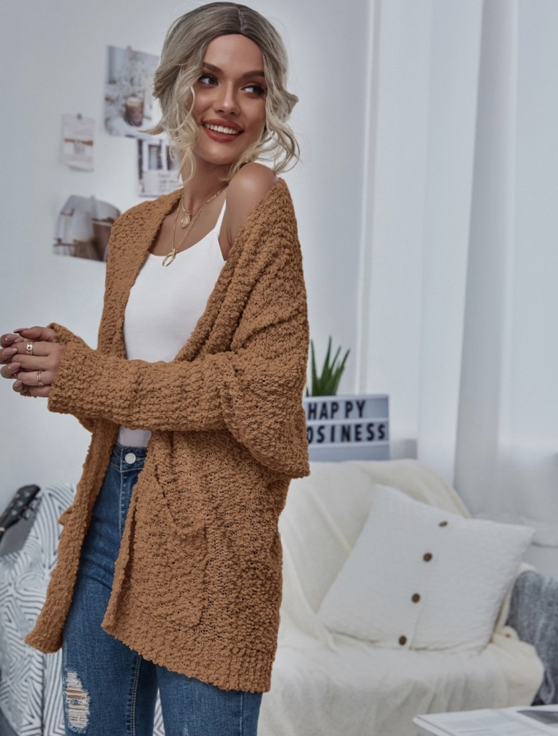 Brown Chunky Knit Open Cardigan w/ Pockets, Fall Collection