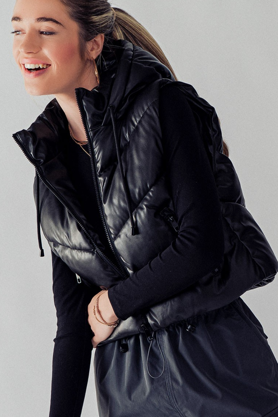 Faux Leather Chevron Quilted Cropped Puffer Vest - Fall Collection