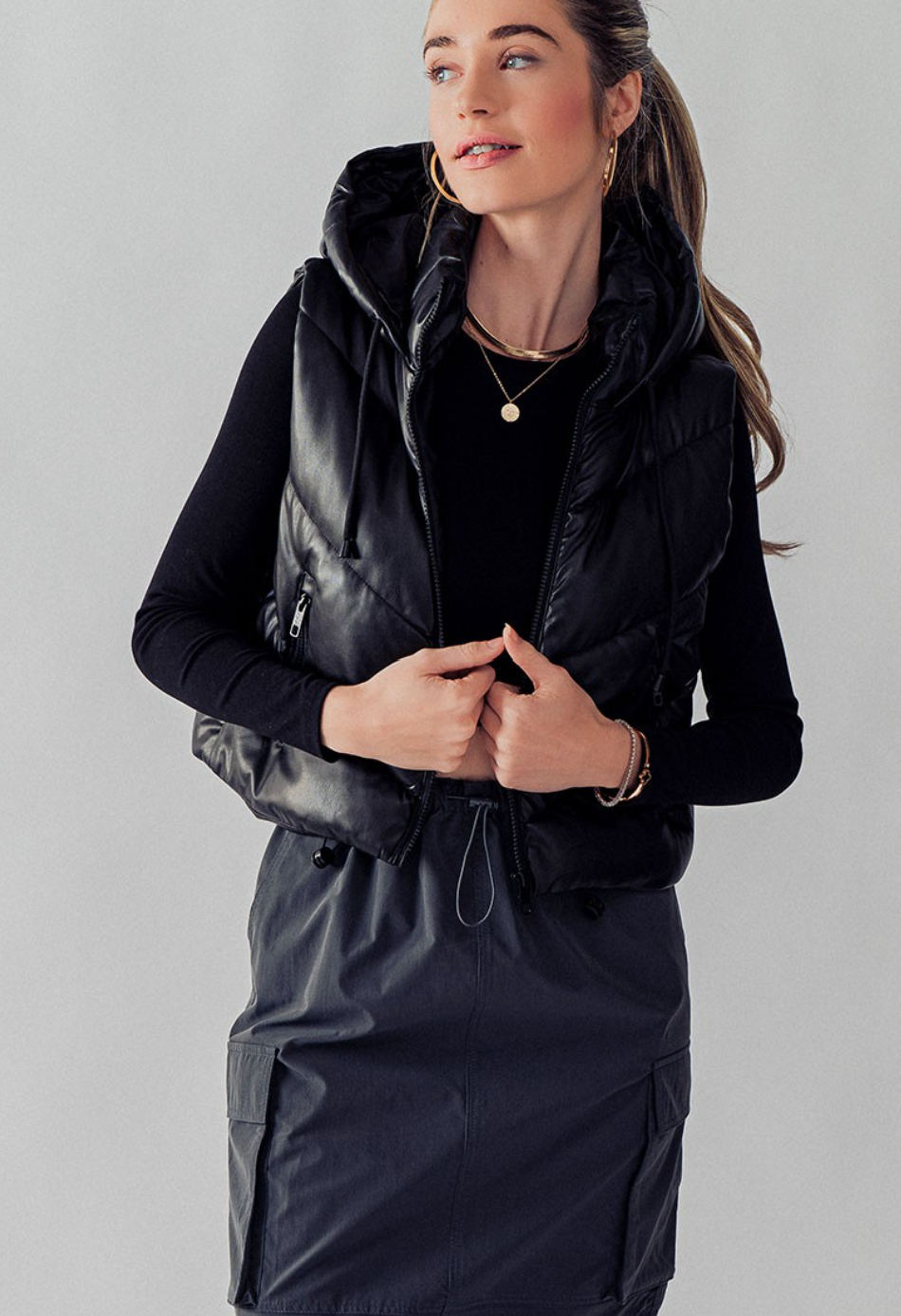Faux Leather Chevron Quilted Cropped Puffer Vest - Fall Collection